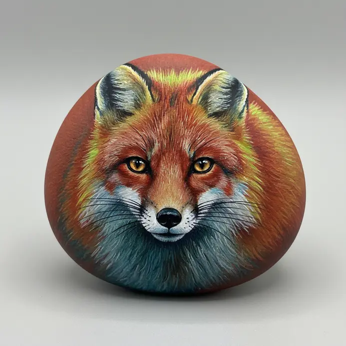 A red fox painted on a rock with green split complementary accents
