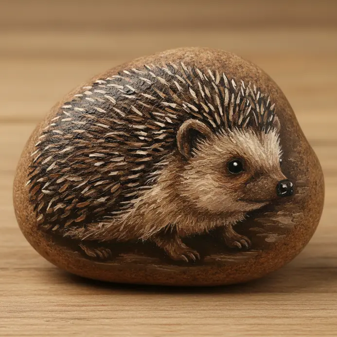 A brown hedgehog painted with textured strokes in one color family