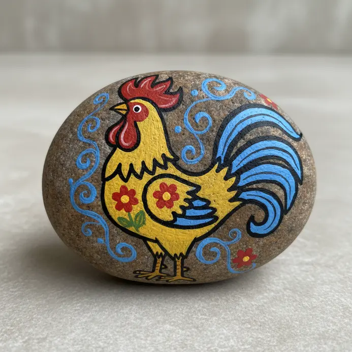 A rooster painted on a rock in colorful folk art style