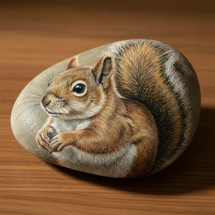 A realistic squirrel painted on a rock with layered brown and gray fur
