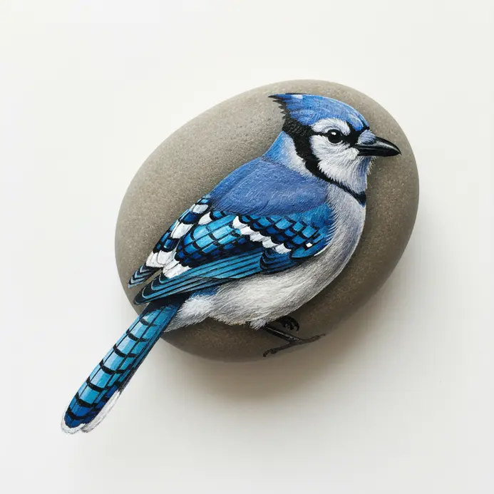 A blue jay painted on a stone with detailed layered feathers