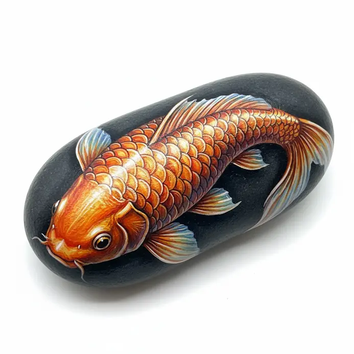 An orange and white koi fish painted on a smooth stone with detailed scales