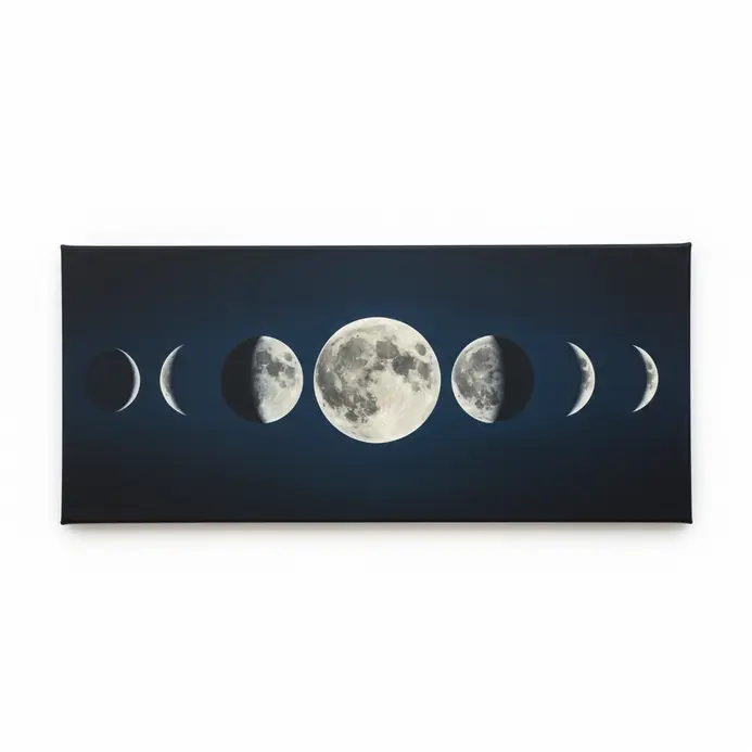 Series of moon phases painted in a row across a dark blue canvas