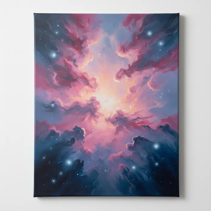 Soft blended acrylic nebula painting on a dark blue canvas with pink and purple clouds
