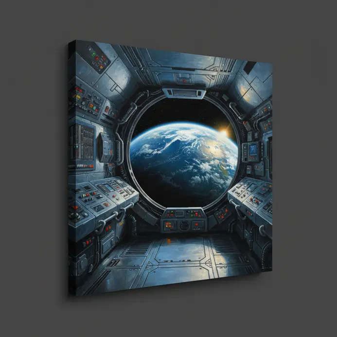 Detailed painting of a space station module with a large window view of Earth