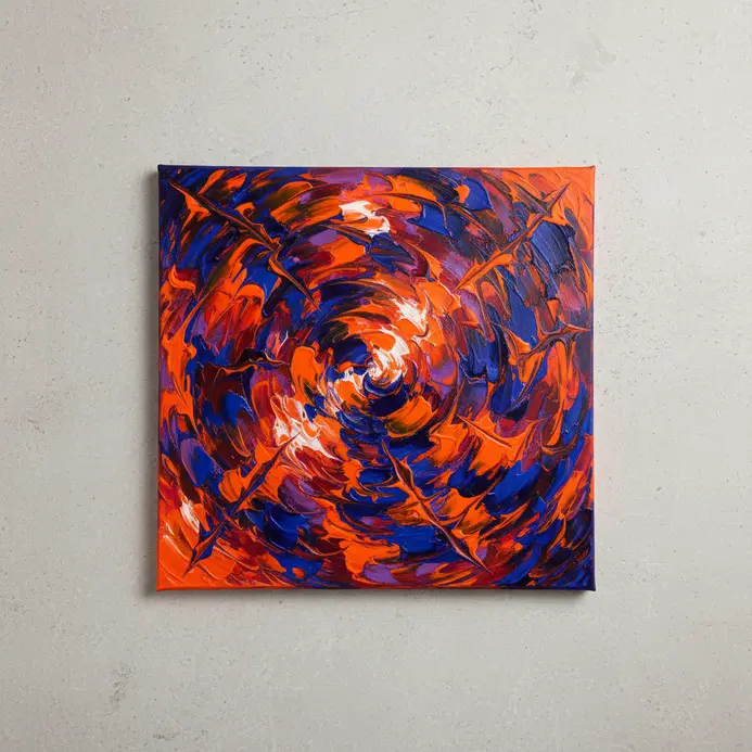 Abstract painting with bold shapes in opposing orange and blue colors