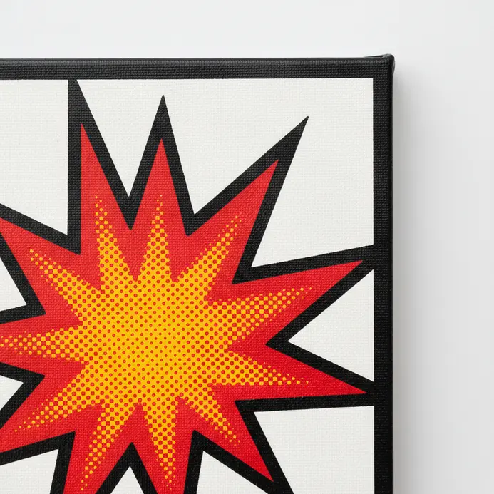 A close-up pop art canvas with thick black outlines and Ben-Day dot texture inspired by comic book imagery