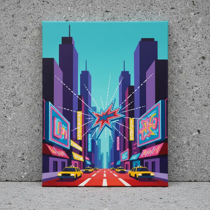 A colorful pop art street scene with simplified buildings and neon sign details