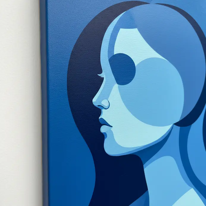 A pop art composition rendered entirely in variations of blue from navy to sky blue