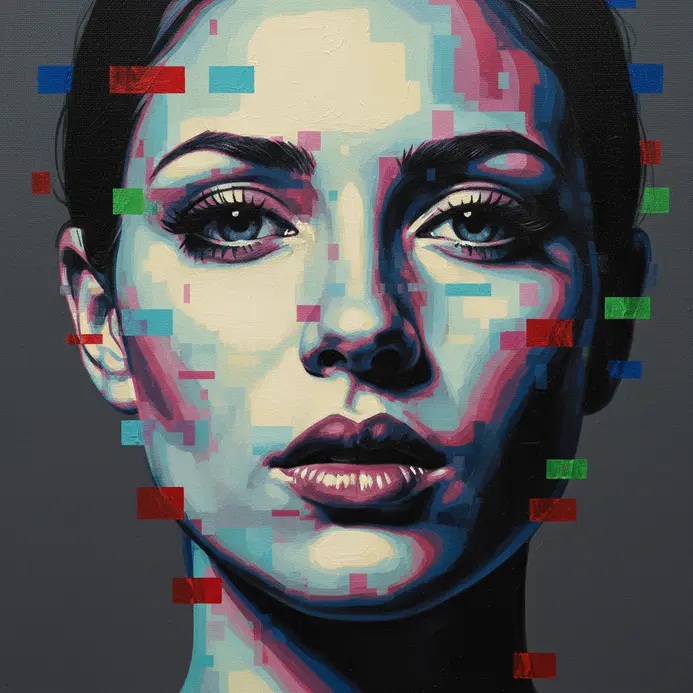 A portrait fragmented with glitch effects like a corrupted digital file in pop art style