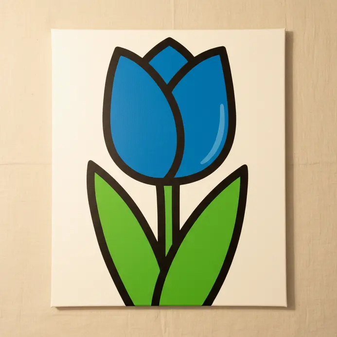 A single oversized rose or tulip painted with flat bold colors and a black outline