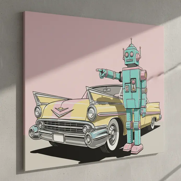 A pop art scene with a classic car and a retro styled robot on a geometric background