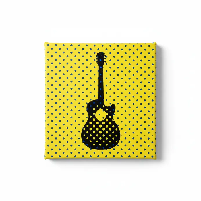 A solid black silhouette of a guitar or camera filled with bright pattern-like color