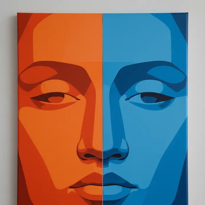 A graphic face or object split into sections of complementary high-energy colors