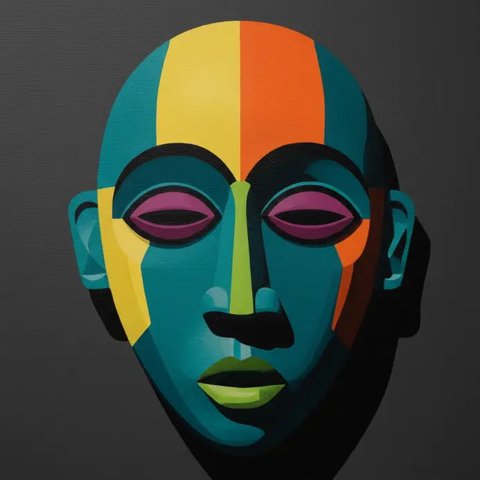 A stylized painting of a cultural object like a mask or vessel in bold pop art colors