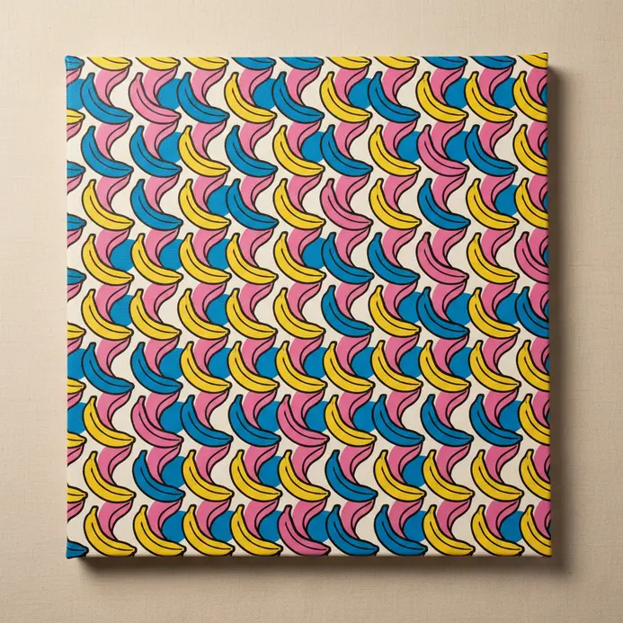 A canvas covered in a repeating pattern of bananas hearts or stars in varying colors