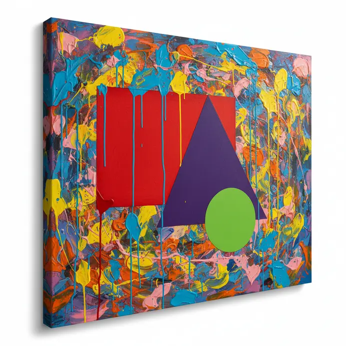 Energetic drips and splatters layered beneath crisp geometric shapes and solid color blocks