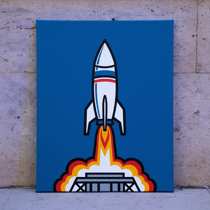Two or three canvases showing a simplified visual story like a rocket launch or conversation