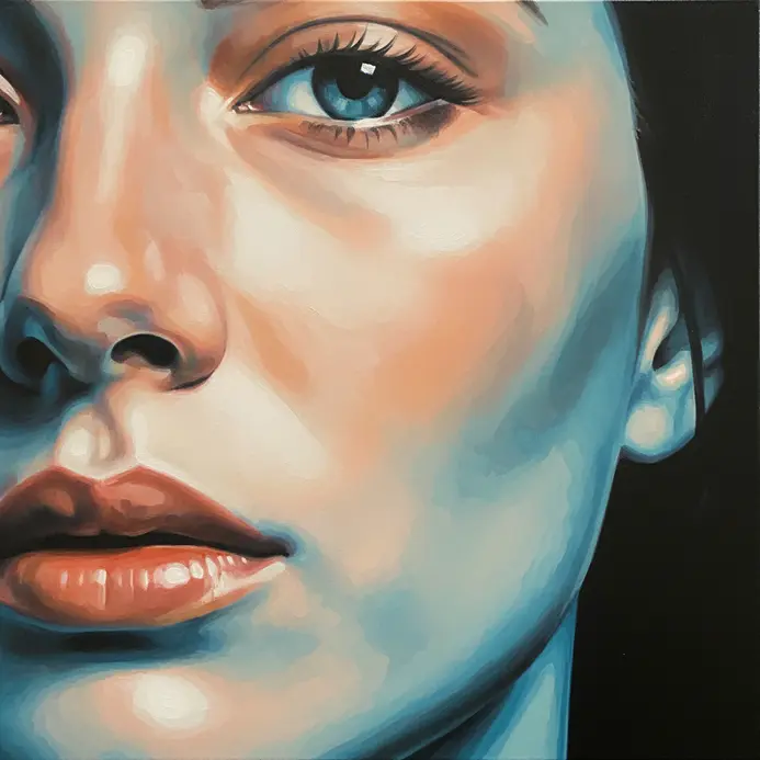 A detailed pop art portrait with skin tones glowing through layers of translucent color