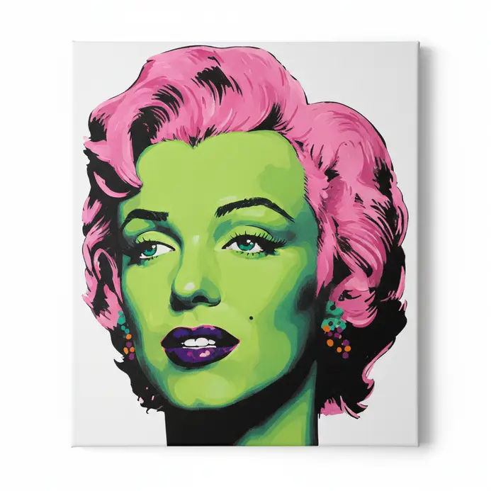 A stylized celebrity portrait with green skin pink hair and a graphic pop art treatment