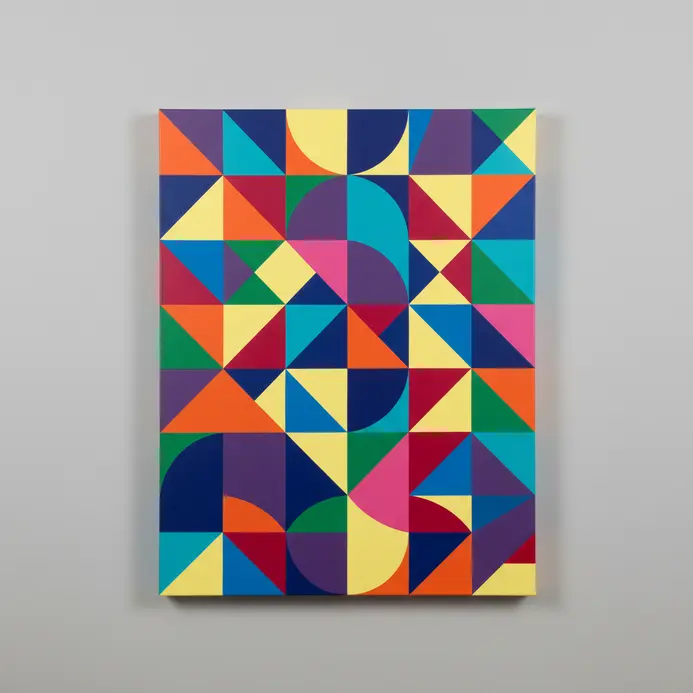 Overlapping triangles squares and circles in bold contrasting pop art colors