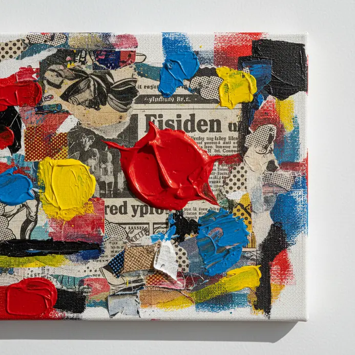 A mixed-media pop art canvas with layers of paint paper and printed ephemera