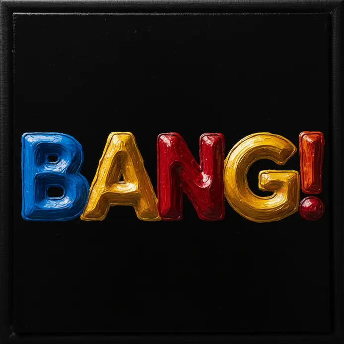 A large stylized word or phrase painted in vibrant colors on canvas