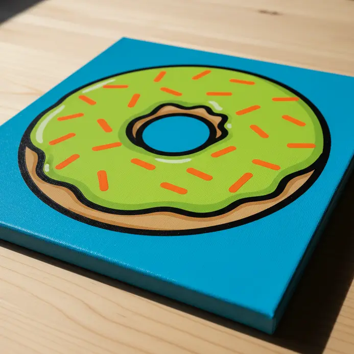 A grid of four canvases each showing a stylized donut or fruit in different color schemes