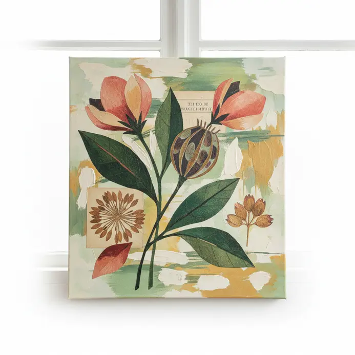 Abstract botanical collage painting with layered leaves, torn paper, and acrylic on canvas