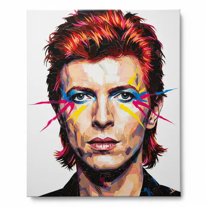 Pop culture icon collage portrait with printed media and acrylic paint effects