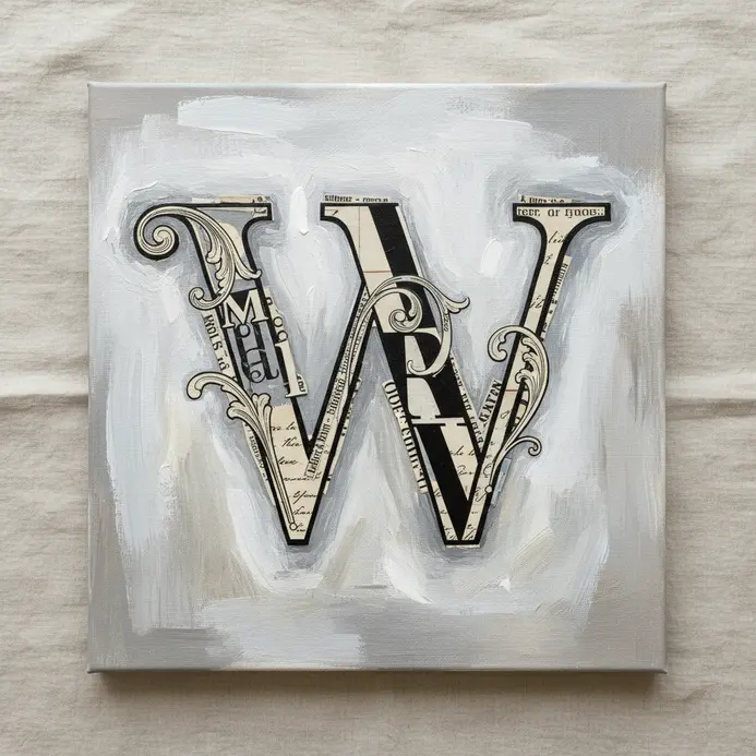 Typography collage with large decorative letters and layered graphic paper