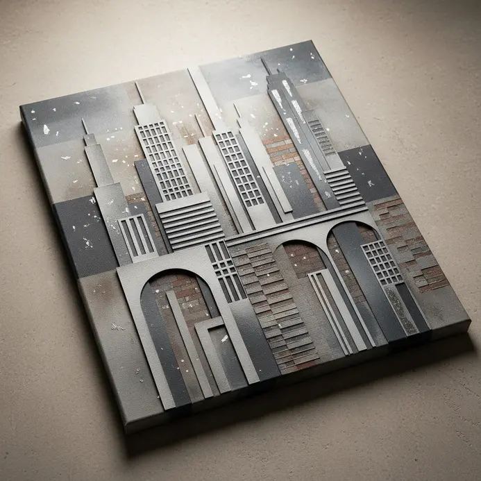 Geometric urban landscape collage with layered skyline shapes and painted city details