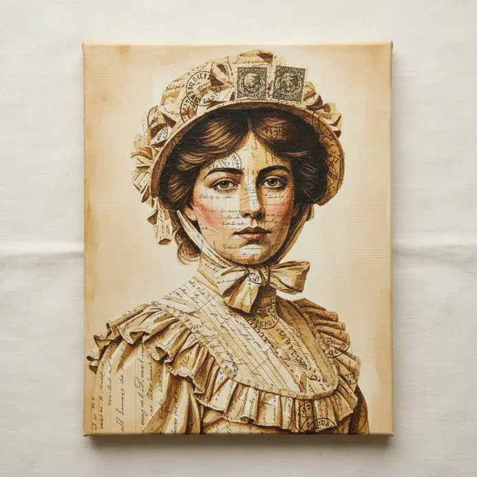 Vintage ephemera portrait collage using stamps, letters, and aged paper on canvas