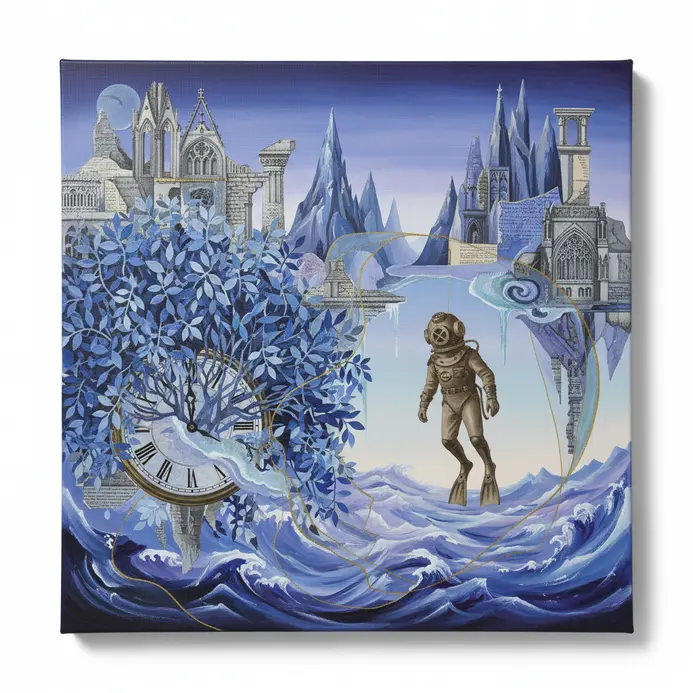 Surreal dreamscape collage with unexpected imagery and painted landscape on canvas