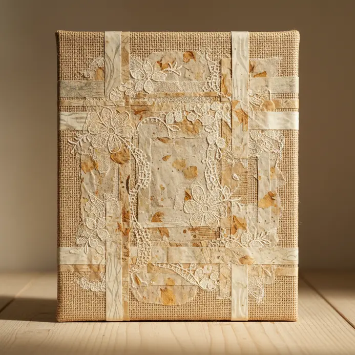 Textured fabric and paper collage with lace, burlap, and layered papers