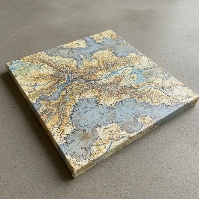 Map inspired collage made from vintage atlas fragments and painted details