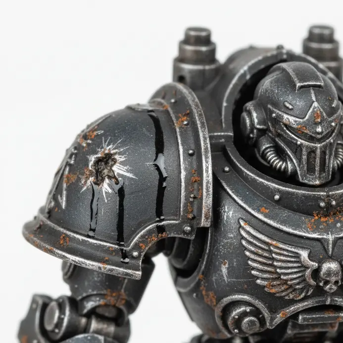 Battle-worn robot miniature with rust, scratches, oil streaks, and chipped industrial armor