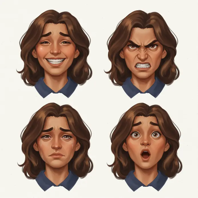 A character expression sheet showing multiple emotions in digital painting form
