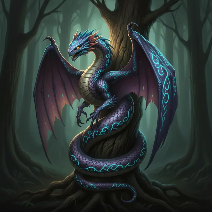A mythological winged serpent glowing in a dark forest digital illustration