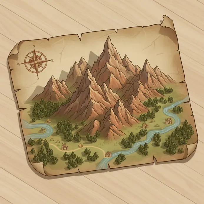 An illustrated fantasy map with forests mountains river and compass rose