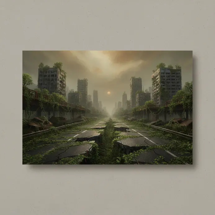 An overgrown post-apocalyptic city street with crumbling buildings and hazy sky