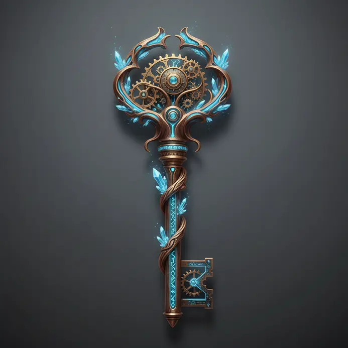 An ornate glowing key with mechanical details in concept art style
