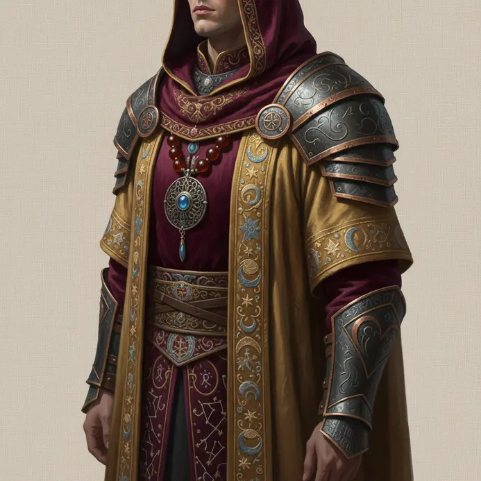 A character in layered robes with embroidery jewelry and rich textile detail