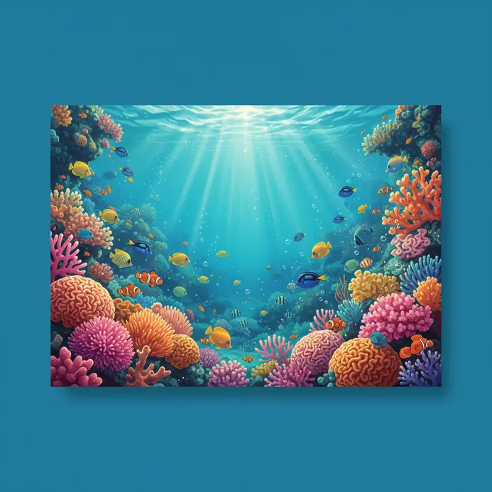 Sunlight filtering through water onto a colorful coral reef with fish