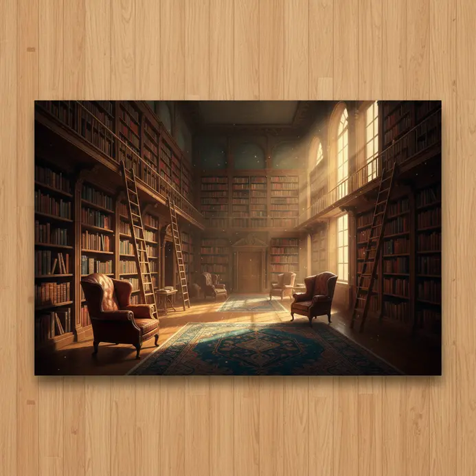 A grand library interior with warm light and tall windows in digital artwork