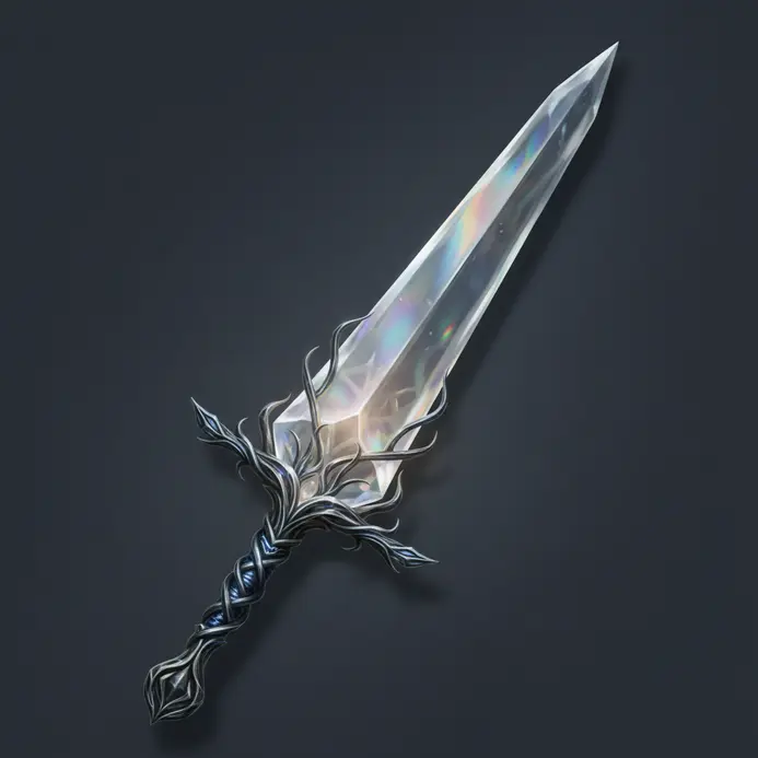 A crystalline fantasy sword with glowing core and vine-like hilt