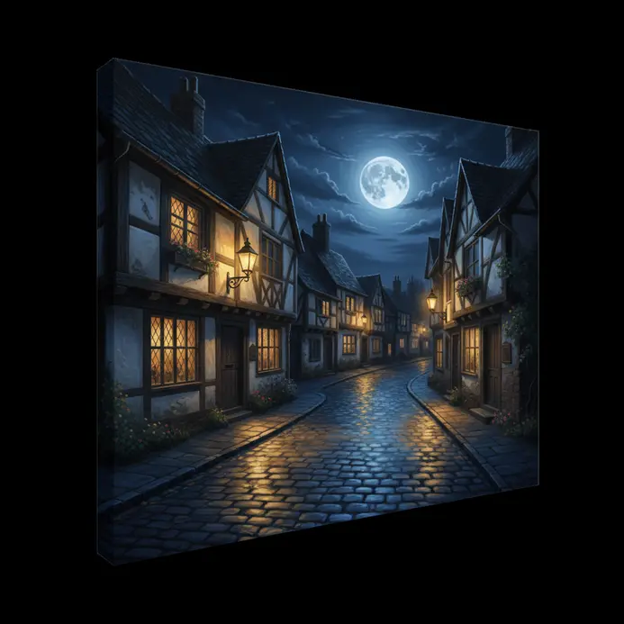 A quiet night street with warm lantern light and bright moon above
