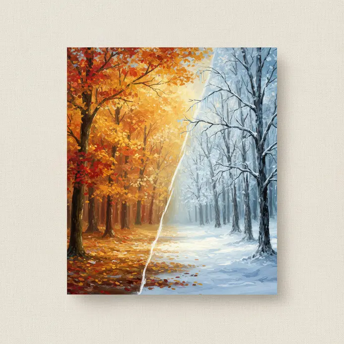 A landscape showing autumn leaves shifting into frost-covered winter branches