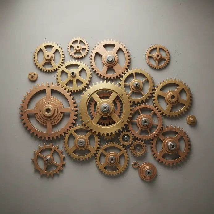 A close study of a steampunk gear mechanism with copper and brass surfaces