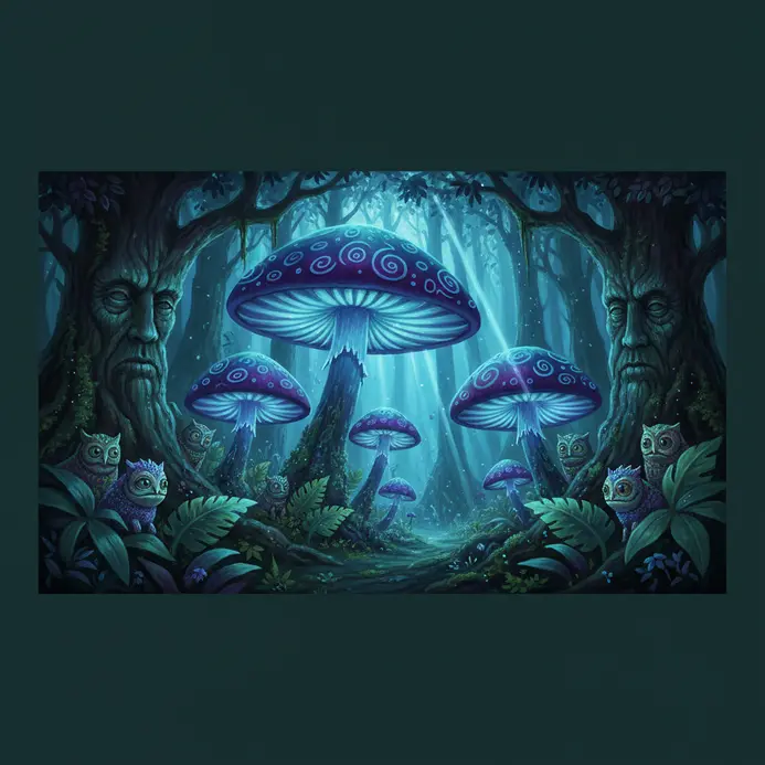 A magical forest with giant mushrooms ancient trees and hidden glowing details